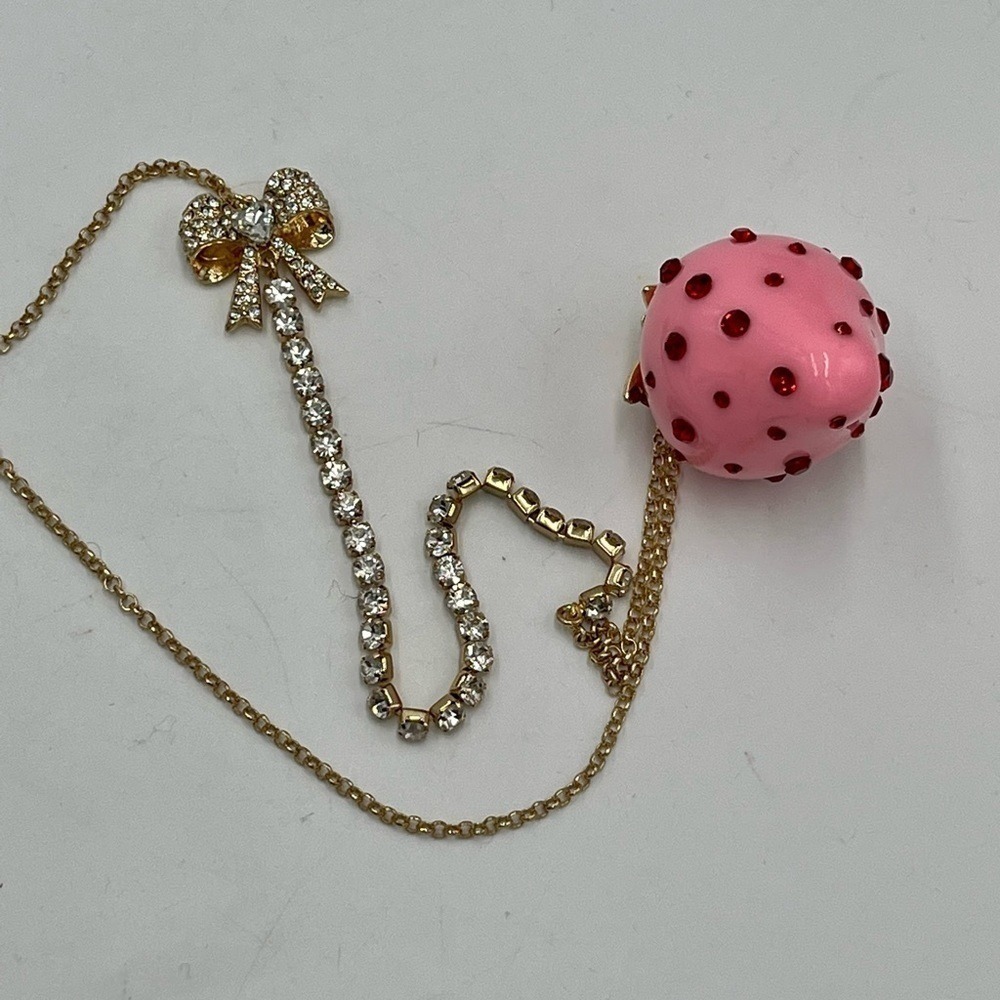 Betsy Johnson Pink Strawberry Red Rhinestone Baby Cakes Necklace Gold Tone New - Picture 5 of 13